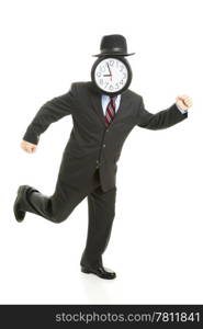 Faceless businessman running late for work. His face is a clock that reads 8:55 am. Full body isolated on white.