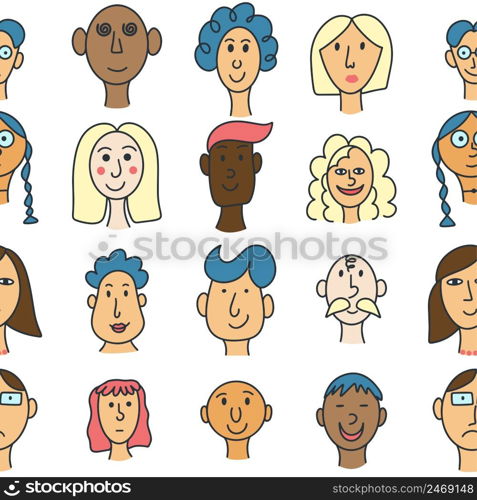 Faces people of different nationalities seamless pattern. Friendship of peoples concept. Background man and woman