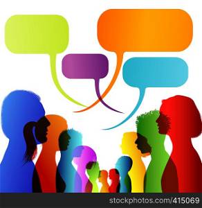 Faces silhouette head profile. Group of isolated multicolored people talking. Networking communication. Crowd speaks. Speech bubble. Dialogue with multi-ethnic people. Social network