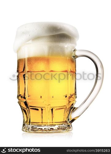 Faceted mug of light beer with foam isolated on white background. Faceted mug of light beer with foam