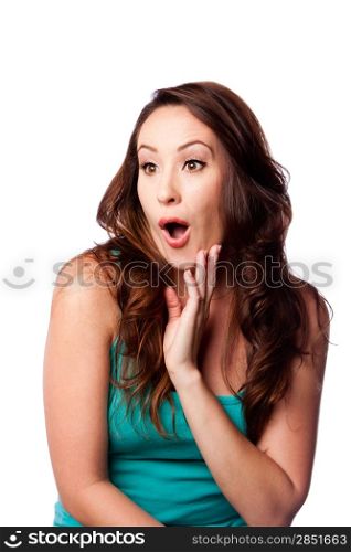 Facial expression of a Surprised shocked amazed young woman with hand on chin and long wavy brown hair, isolated.