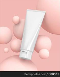 Facial foam skin care beauty template white packaging on pink soft foam with pink background, 3D illustration
