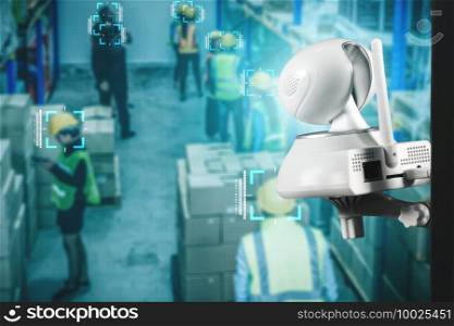 Facial recognition technology for industry worker to access machine control . Future concept interface showing digital biometric security system that analyze human face to verify personal data .