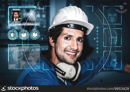 Facial recognition technology for industry worker to access machine control . Future concept interface showing digital biometric security system that analyze human face to verify personal data .