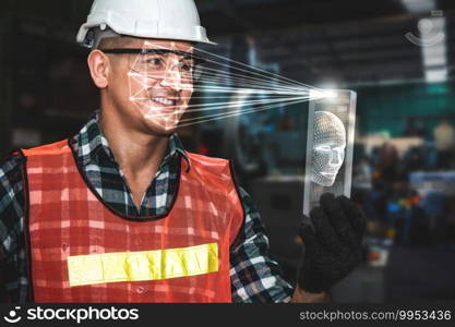 Facial recognition technology for industry worker to access machine control . Future concept interface showing digital biometric security system that analyze human face to verify personal data .