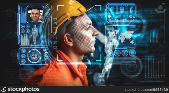 Facial recognition technology for industry worker to access machine control . Future concept interface showing digital biometric security system that analyze human face to verify personal data .