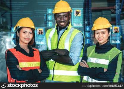 Facial recognition technology for industry worker to access machine control . Future concept interface showing digital biometric security system that analyze human face to verify personal data .. Facial recognition technology for industry worker to access machine control