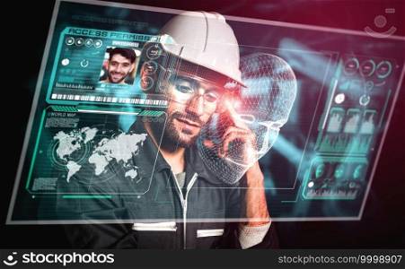 Facial recognition technology for industry worker to access machine control . Future concept interface showing digital biometric security system that analyze human face to verify personal data .. Facial recognition technology for industry worker to access machine control