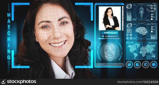Facial recognition technology scan and detect people face for identification . Future concept interface showing digital biometric security system that analyze human face to verify personal data .