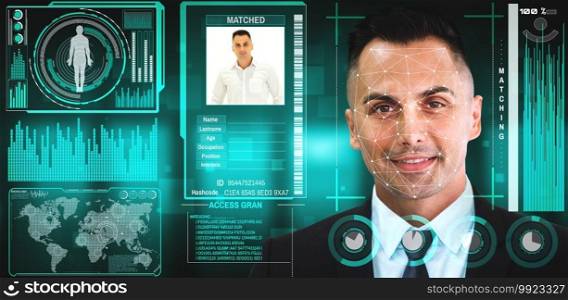 Facial recognition technology scan and detect people face for identification . Future concept interface showing digital biometric security system that analyze human face to verify personal data .. Facial recognition technology scan and detect people face for identification