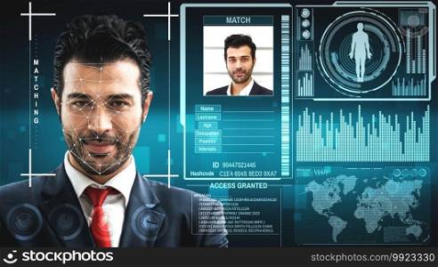 Facial recognition technology scan and detect people face for identification . Future concept interface showing digital biometric security system that analyze human face to verify personal data .. Facial recognition technology scan and detect people face for identification