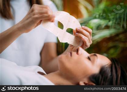 Facial Treatment in a Beauty Salon. Cosmetician Preparing Face Mask for Woman.