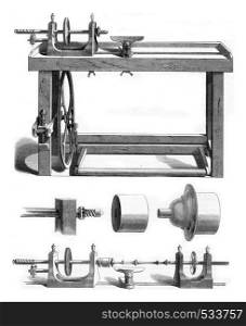 Facing lathe, vintage engraved illustration. Magasin Pittoresque 1853.