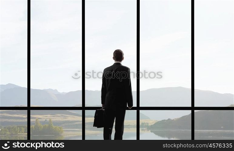Facing next successful day. Back view of businessman looking in office window