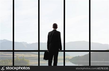 Facing next successful day. Back view of businessman looking in office window