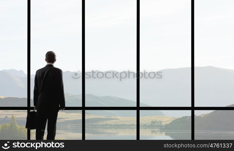 Facing next successful day. Back view of businessman looking in office window