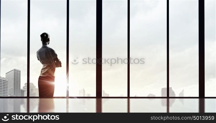 Facing next successful day. Back view of businesswoman looking on sunrise in office window