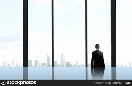 Facing next successful day. Back view of businesswoman with handbag looking in office window