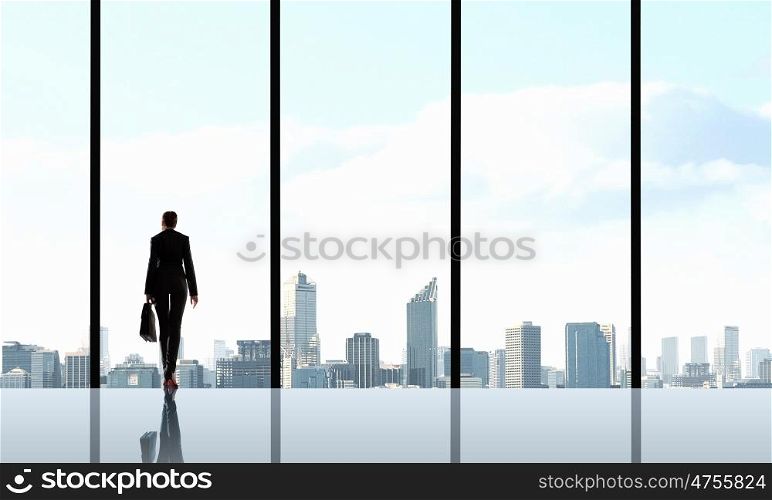 Facing next successful day. Back view of businesswoman with handbag looking in office window