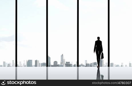 Facing next successful day. Back view of businesswoman with handbag looking in office window