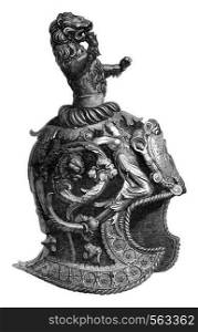 Facing the sixteenth century Venetian helmet, vintage engraved illustration. Magasin Pittoresque 1869.
