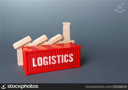 Factory and logistics shipping container. Production of goods. Manufacturing industry. Transportation and storage infrastructure. Warehouse capacity. shipment. Distribution of orders in a short time.