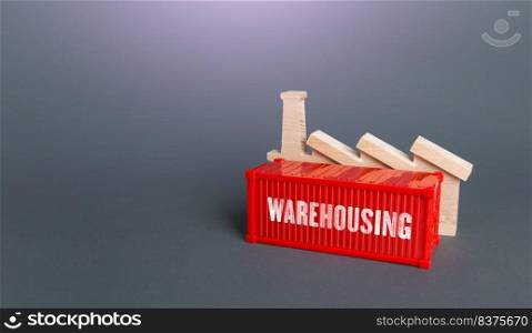 Factory and warehousing shipping container. Production of goods. Manufacturing industry. Transportation and storage infrastructure. Warehouse Logistics. Capacity, shipment and storage.