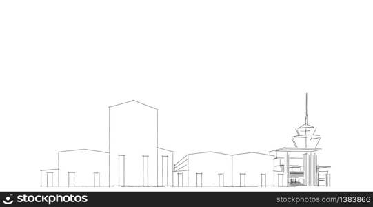 Factory buildings sketch drawings in perspective view, work office and factory building. Hand drawn cartoon 3d illustration.