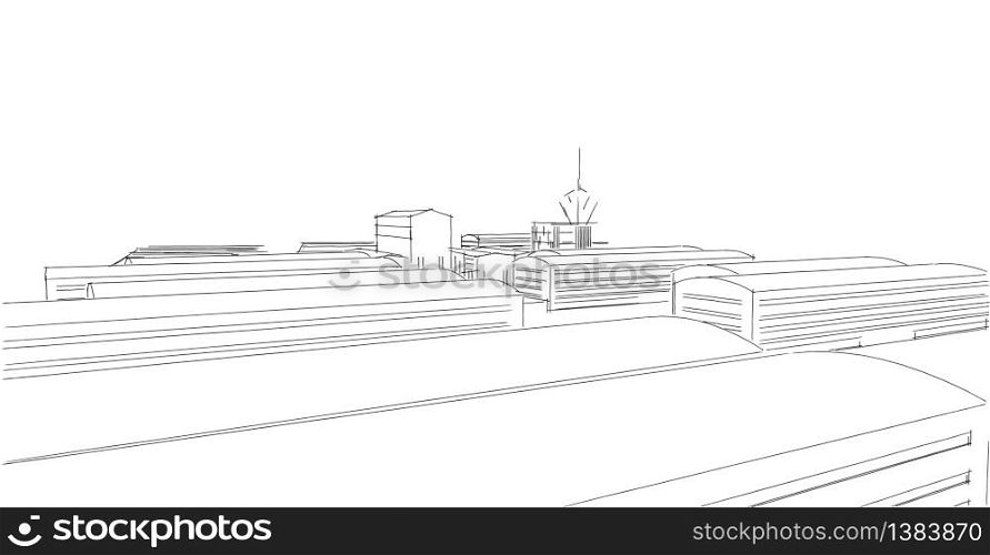 Factory buildings sketch drawings in perspective view, work office and factory building. Hand drawn cartoon 3d illustration.