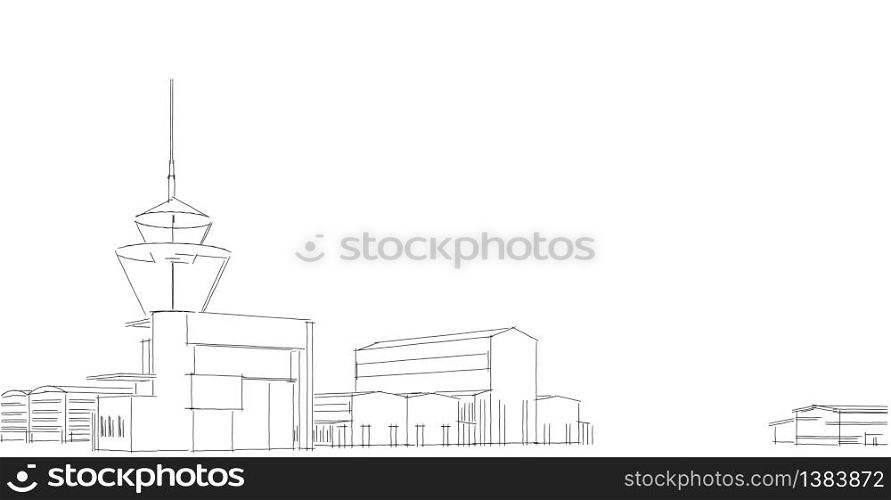 Factory buildings sketch drawings in perspective view, work office and factory building. Hand drawn cartoon 3d illustration.