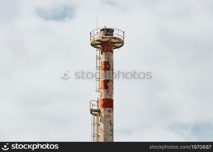 Factory chimney Close up with a bright sky with copy space, concept pollution