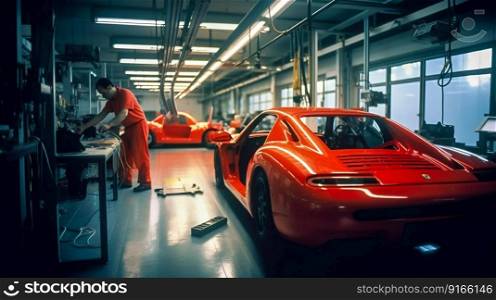 Factory construction engineering works of a modern red sport car in big workshop. Generative AI. High quality illustration. Factory construction engineering works of a modern red sport car in big workshop. Generative AI