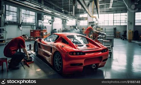 Factory construction engineering works of a modern red sport car in big workshop. Generative AI. High quality illustration. Factory construction engineering works of a modern red sport car in big workshop. Generative AI