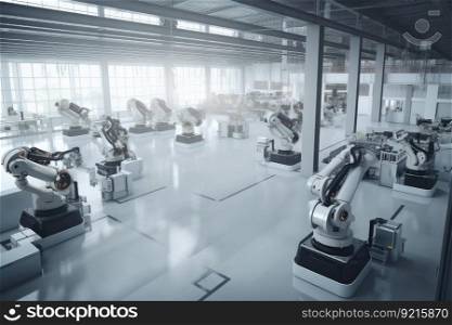 factory floor with cobots and human workers completing tasks together, created with generative ai. factory floor with cobots and human workers completing tasks together