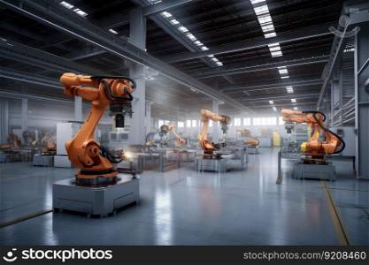 factory floor with cobots performing various tasks, such as welding or painting, created with generative ai. factory floor with cobots performing various tasks, such as welding or painting