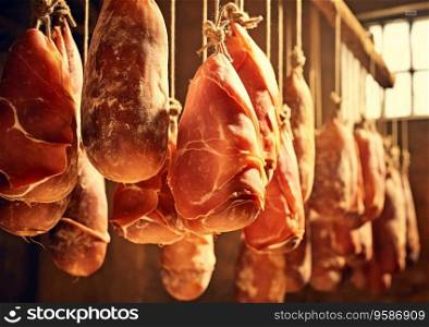 Factory of parma ham traditional italian food.AI generative