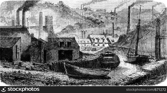 Factory Vivian view taken on the channel, vintage engraved illustration. Le Tour du Monde, Travel Journal, (1865).