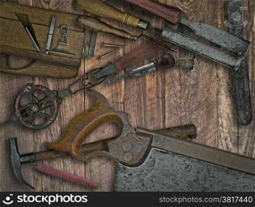 faded colors of a vintage woodworking tools on wooden bench, space for your text