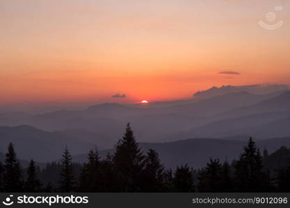 Fading sun hiding behind mountains, spruces silhouettes landscape photo. Beautiful nature scenery photography. Ambient light. High quality picture for wallpaper, travel blog, magazine, article. Fading sun hiding behind mountains, spruces silhouettes landscape photo
