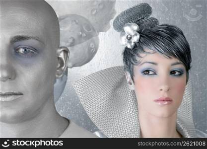 fahion makeup hairstyle woman futuristic silver male alien