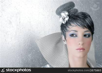 fahion makeup hairstyle woman futuristic trendy silver portrait