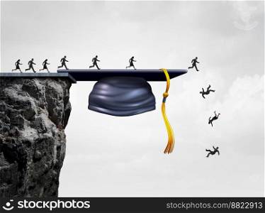 Failed Education System and learning failure or failed college and lost training opportunity as students falling from a cliff shaped as a graduation mortarbored with 3D illustration elements.