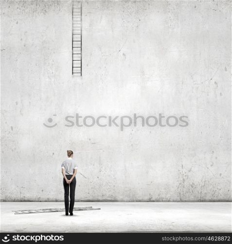 Failure in business. Back view of businesswoman and broken ladder going up