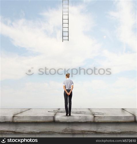 Failure in business. Back view of businesswoman and broken ladder in sky
