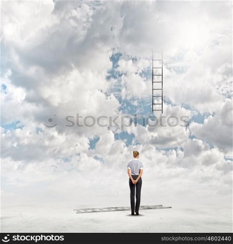 Failure in business. Back view of businesswoman and broken ladder in sky