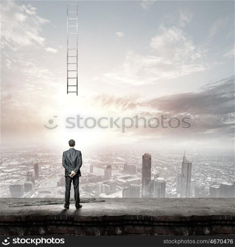 Failure in business. Rear view of businessman and broken ladder going up