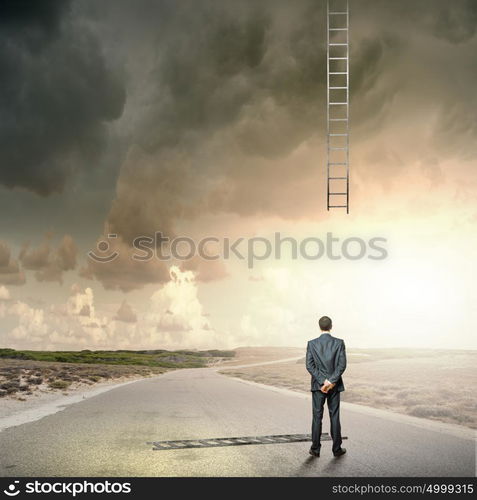 Failure in business. Rear view of businessman and broken ladder going up