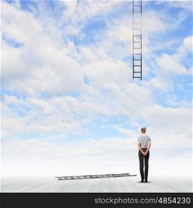Failure in business. Rear view of businesswoman looking at broken ladder