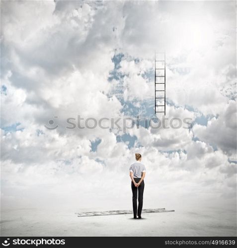 Failure in business. Rear view of businesswoman looking at broken ladder