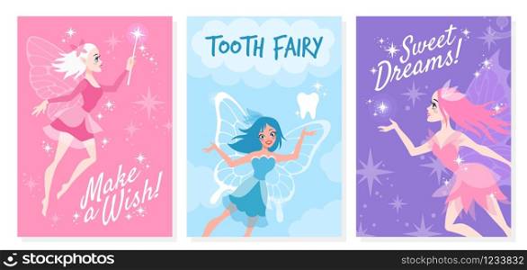 Fairy card. Cute little tooth fairy, with magic wand make wish for fabric print on kids wear, girly fashion poster vector concepts. Fairy card. Cute little tooth fairy, with magic wand make wish for fabric print on kids wear, girly vector concepts